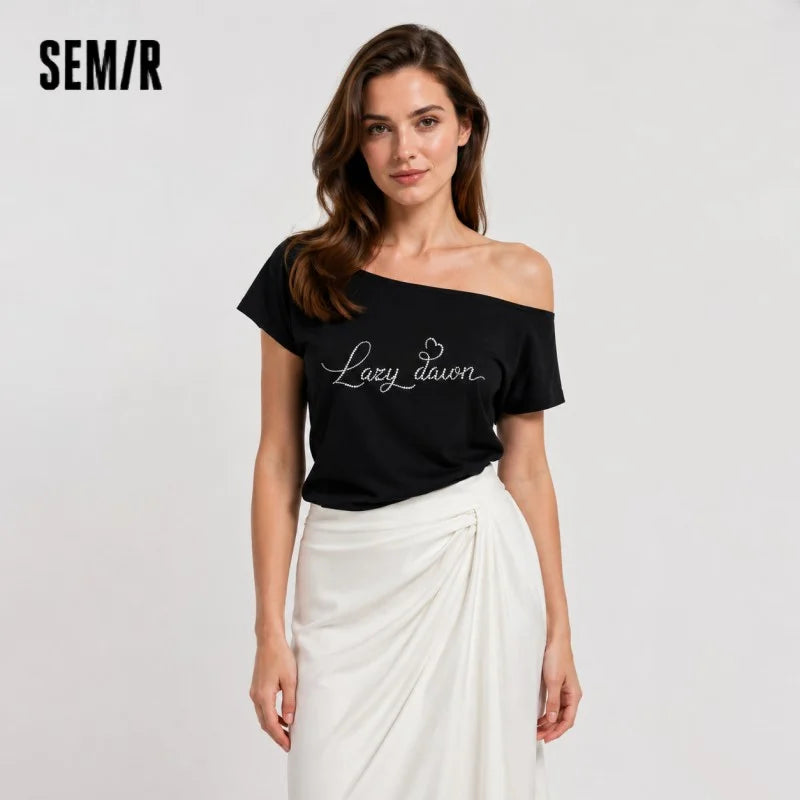 Semir Womens Tshirt 2026 Short Letter Oblique Shoulder Slim Sweet Cool Casual Fashion