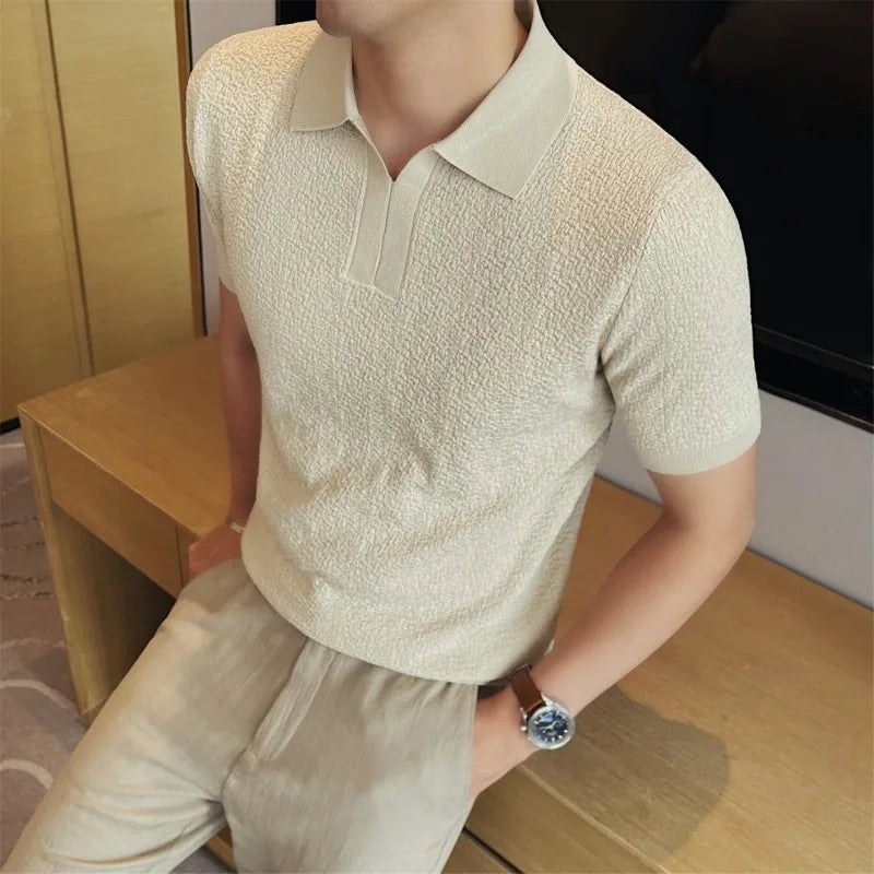Men's Summer Cooling Ice-Silk High-Stretch Polo Shirt – Breathable Slim-Fit Short Sleeve Business Casual Top with Textured Knit