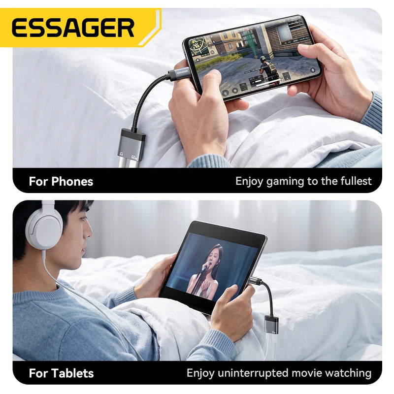 Essager Audio And Charging Splitter Cable 2 In 1 3.5mm Jack Earphone PD 60W USB Type C Charger Adapter For iPhone Samsung Xiaomi