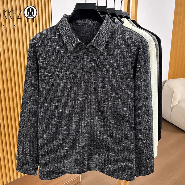 Premium Mens Knitted Polo Long Sleeve Tops Fine Rib Texture Stretch Fabric Turn Collar For Daily And Business Occasions