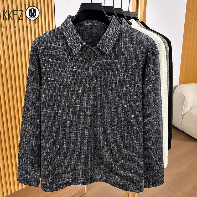 Premium Mens Knitted Polo Long Sleeve Tops Fine Rib Texture Stretch Fabric Turn Collar For Daily And Business Occasions