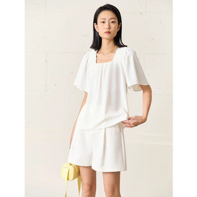 AMII Minimalism Women's Chiffon Blouses 2026 Summer New French Style Tops Loose Pullovers Office Lady White Shirts 72342022