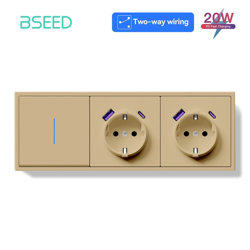 BSEED 1/2Gang 2Way Button Light Switch With EU Socket 20W AC Socket Plastic Frame Wall Switch On Off For Stairs LED Backlight