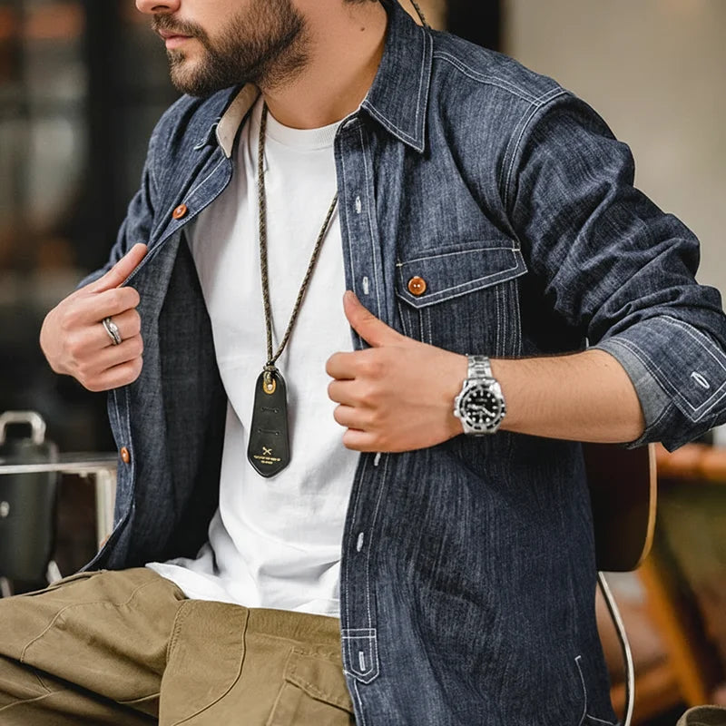 Maden Retro Thin Long-sleeved Denim Shirts Single-breasted Lapel Collar Stitch Design Cotton Men's Spring and Autumn Blouses