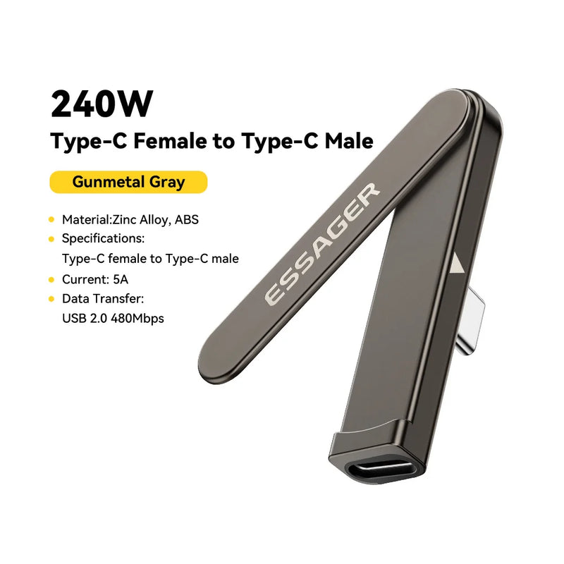 អាដាប់ទ័រសាកថ្មលឿន Essager 240W 2-in-1 ជាមួយជើងទម្របត់បាន Type-C បុរសទៅ Type-C ស្ត្រីសម្រាប់ iPhone 17 16 15 Pro