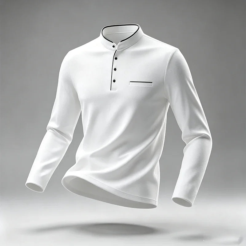 Men Stand Collar Long Sleeve Polo Shirt Slim Fit Half Button Design Chest Pocket Soft Fabric Business Daily Tops