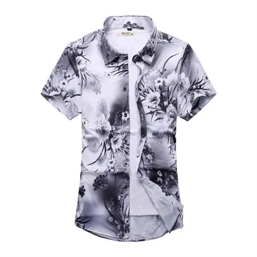 2026 Summer Men's White Short-Sleeved Printed Shirt, Blue Single-Breasted Lapel Shirts, Asian Sizes M-7XL.