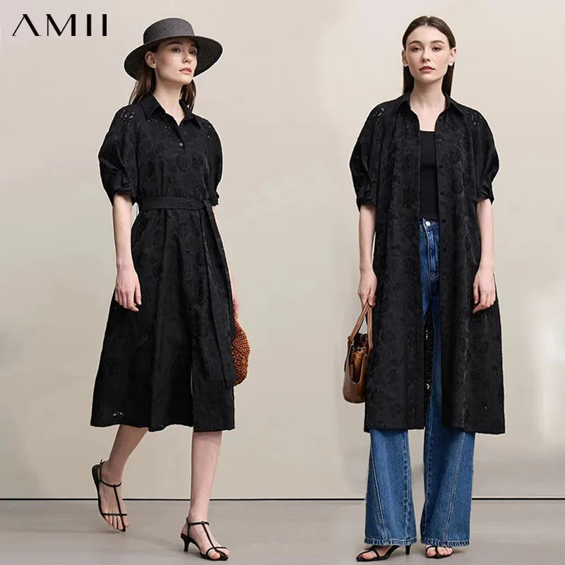 រ៉ូបនារី Amii ឆ្នាំ២០២៦ រដូវស្លឹកឈើជ្រុះថ្មី រ៉ូបរាងអក្សរ A ធម្មតា រ៉ូបវែងរលុង ដៃខ្លីប៉ាក់ខ្សែក្រវ៉ាត់ សម្លៀកបំពាក់នារី 12641104