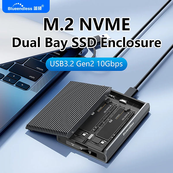 ប្រអប់ដាក់ SSD ខាងក្រៅ Blueendless Dual Bay M.2 NVMe SSD ប្រភេទ USB3.2 Gen2 10Gbps Type-C 2230 2242 2260 2280 ធ្វើពីអាលុយមីញ៉ូម
