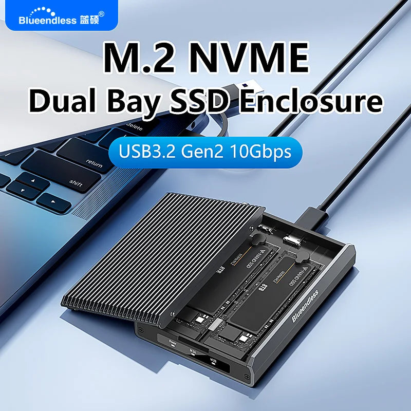 ប្រអប់ដាក់ SSD ខាងក្រៅ Blueendless Dual Bay M.2 NVMe SSD ប្រភេទ USB3.2 Gen2 10Gbps Type-C 2230 2242 2260 2280 ធ្វើពីអាលុយមីញ៉ូម