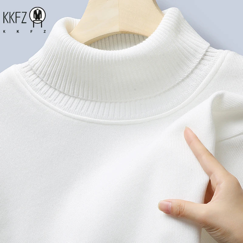Stretch Knitted Turtleneck Top For Males Full Fleece Lining Thermal Warm Pullover Long Sleeve Casual Street Outfit