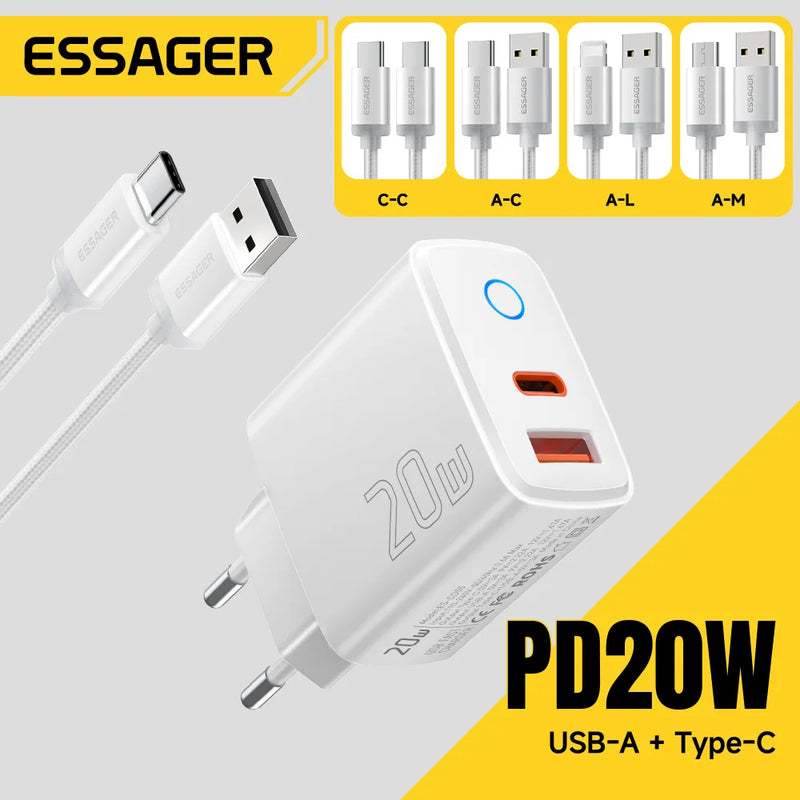 ឧបករណ៍សាកថ្មលឿន Essager PD 20W USB Type C សាកលឿន 4.0 3.0 QC PD សម្រាប់ iPhone 17 16 15 14 13 12 Pro Max ឆ្នាំងសាកទូរស័ព្ទ