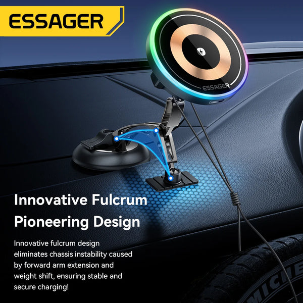 ឆ្នាំងសាកឥតខ្សែ Essager 15W ម៉ាញេទិកសម្រាប់ទូរស័ព្ទក្នុងឡាន ជើងទ្របង្វិលបាន 360° សម្រាប់ iPhone 17 16 15 Pro Max Samsung Xiaomi