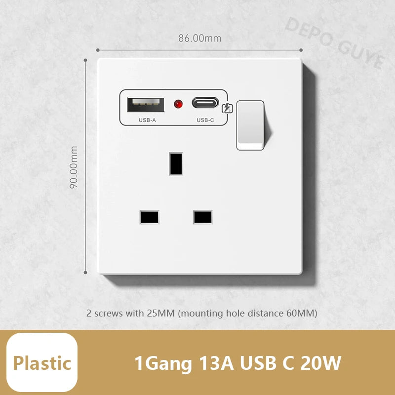 Universal 20W Type-C Wall Quick charge Socket,Dual Switch control Universal Power outlet,White UK Standard USB Interface Socket
