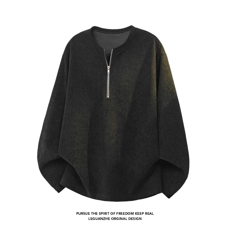 Male Loose Fit Ribbed Corduroy Long Sleeve Shirt Half Zipper Crew Neck Airy Fabric For Office Commute Leisure Occasions