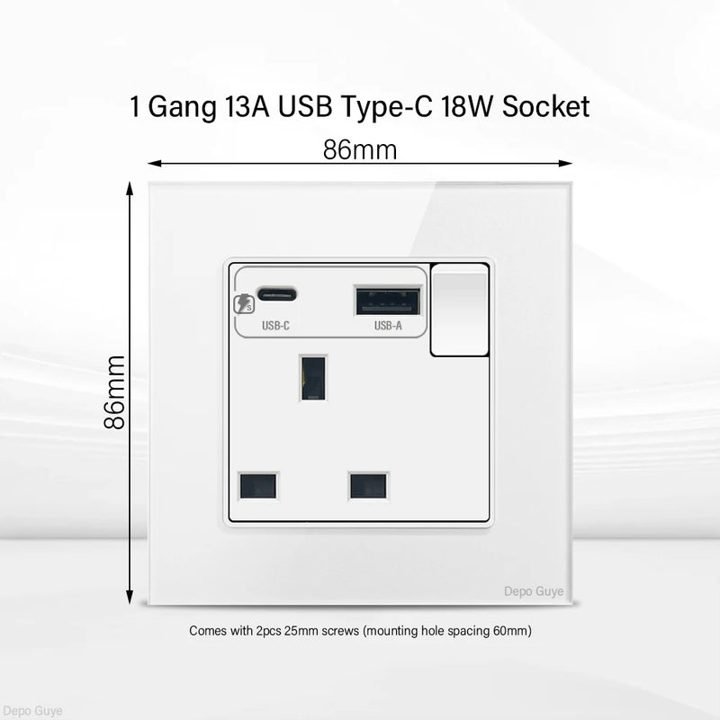 UK Standard 18W Type-C Fast Charging Universal Dual 3pin Power Outlet,White Tempered glass Wall light Switch Panel  For Home