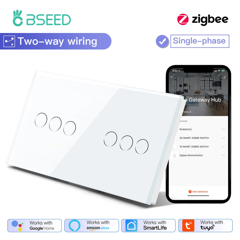 BSEED Smart Zigbee Touch Light Switch 1/2/3Gang Wall Touch Switch 2Way Wire Compatible with Smart Life Alexa Google Home