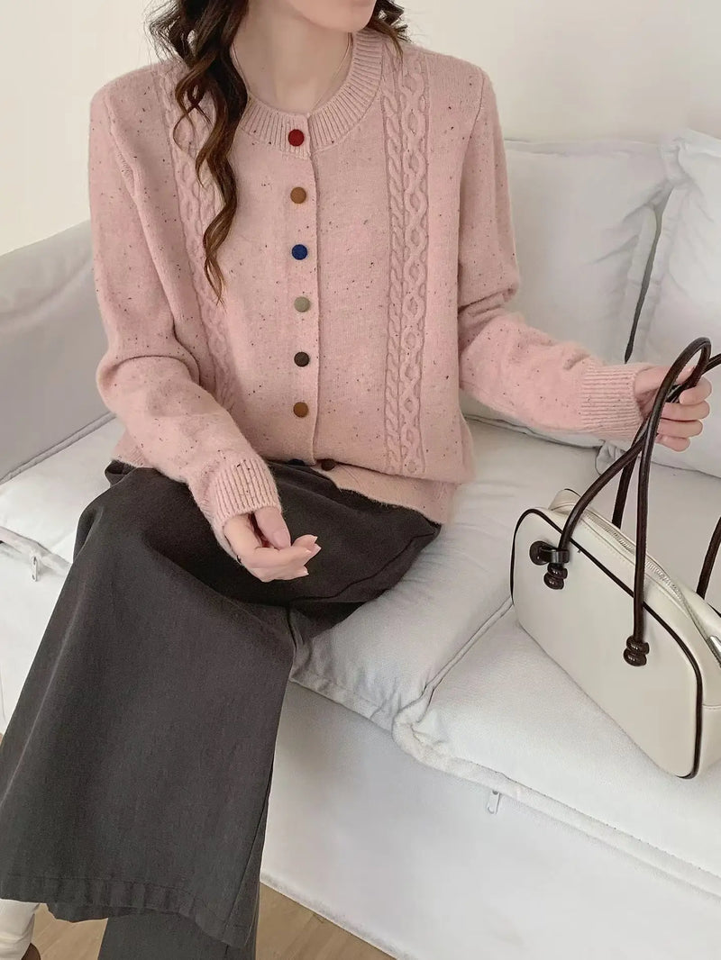 European Button Knitted Cardigan Women's Loose Lazy Style Single-breasted Long-sleeved Sweater Jacket Slim Top Female Knitwear
