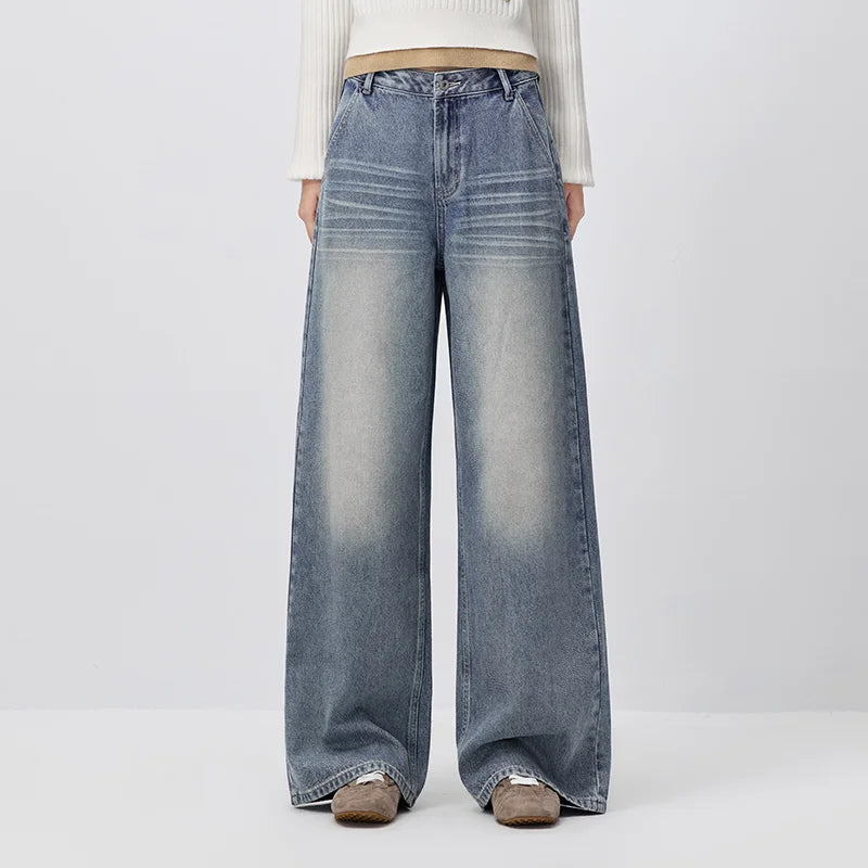 Semir Women Jeans Whisker Gradient Loose Wide Leg Retro Street Style Long Denim Pants Autumn Urban Daily Wear 2026