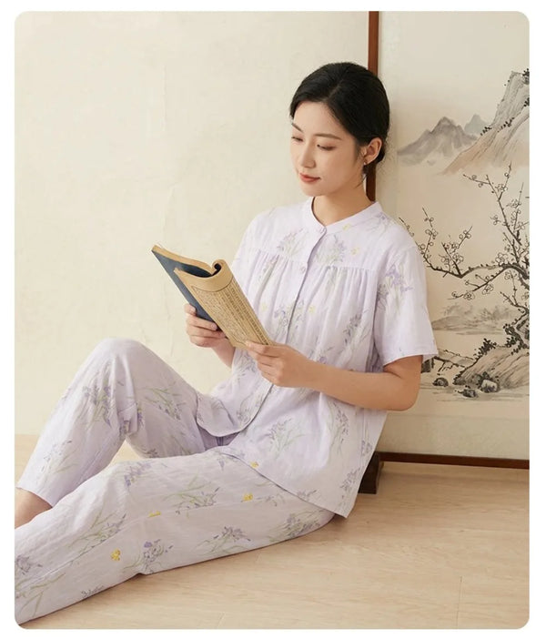 100% Cotton Women's Home Clothes Short Sleeve Sleepwear Summer Suit Pajamas for Woman Floral 2 Piece Set Night Wear for Ladies