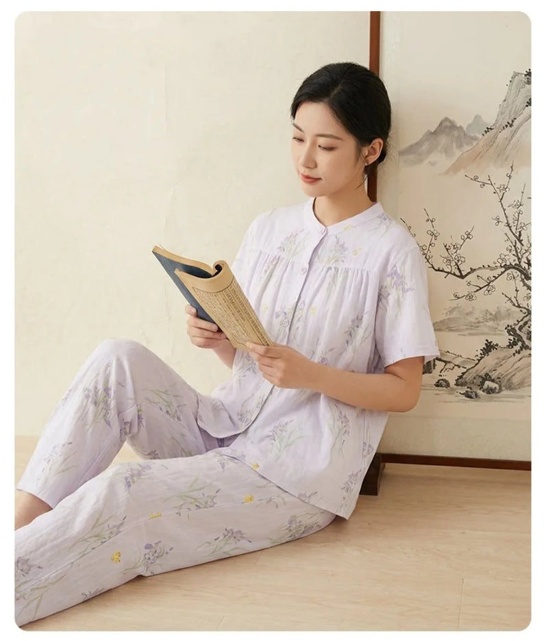 100% Cotton Women's Home Clothes Short Sleeve Sleepwear Summer Suit Pajamas for Woman Floral 2 Piece Set Night Wear for Ladies