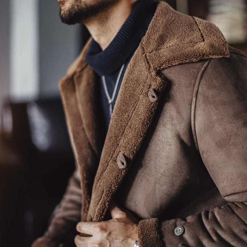 អាវធំ Maden សម្រាប់បុរស Retro B7 Suede-Fleece Parka ប្រវែងមធ្យម ធ្វើពីរោមចៀមសិប្បនិម្មិត អាវធំក្រាស់ មានដើមទ្រូងតែមួយ សម្រាប់រដូវស្លឹកឈើជ្រុះ រដូវរងា