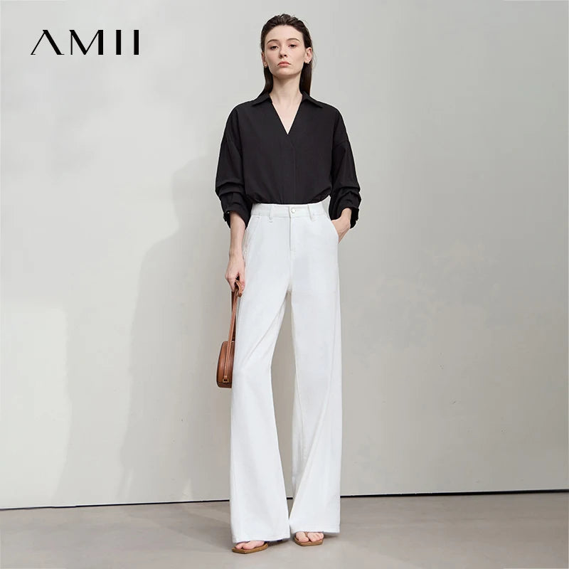AMII Minimalist Women Loose Shirt 2026 Summer Commuter Light Luxury V-Neck Colla Cotton Top Three-Quarters Sleeve Tops 12512055