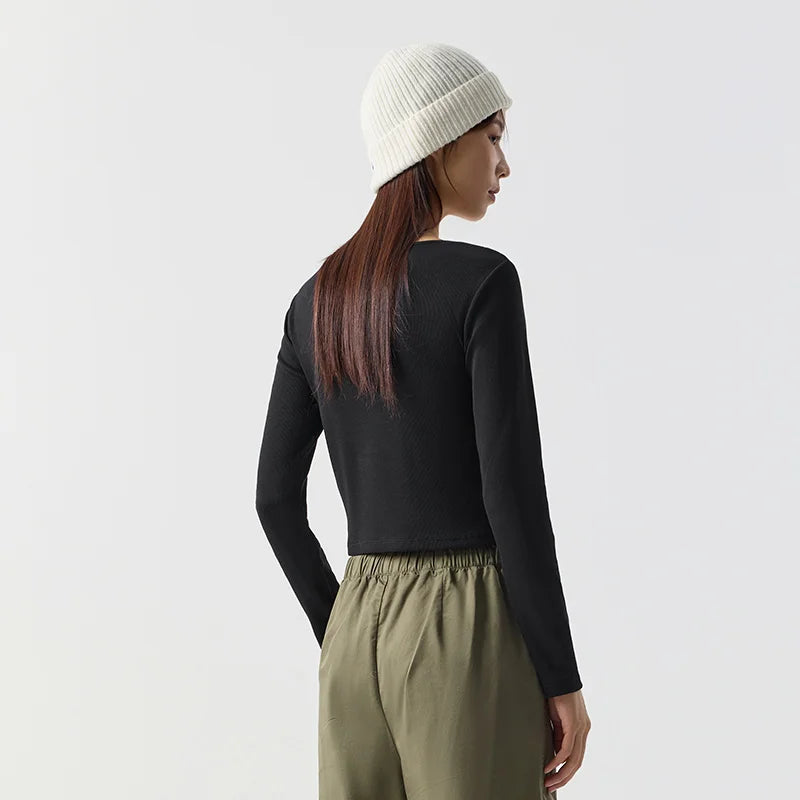Semir Women Tshirt Cropped Mock Layer Colorblock Slim Fit Long Sleeve 2026 Shoulder Fit Knitted Urban Casual Everyday Top