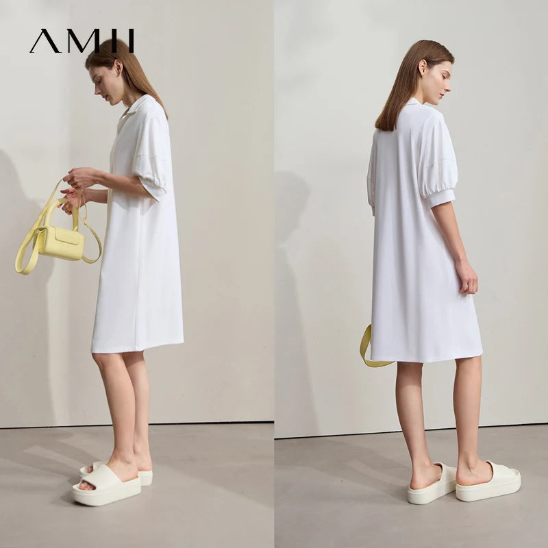 Amii Women Minimalism Summer Casual Dress 2026 New Solid Color Loose Lantern Sleeve V Neck Knit Stretch Comfort Dressse 12542165