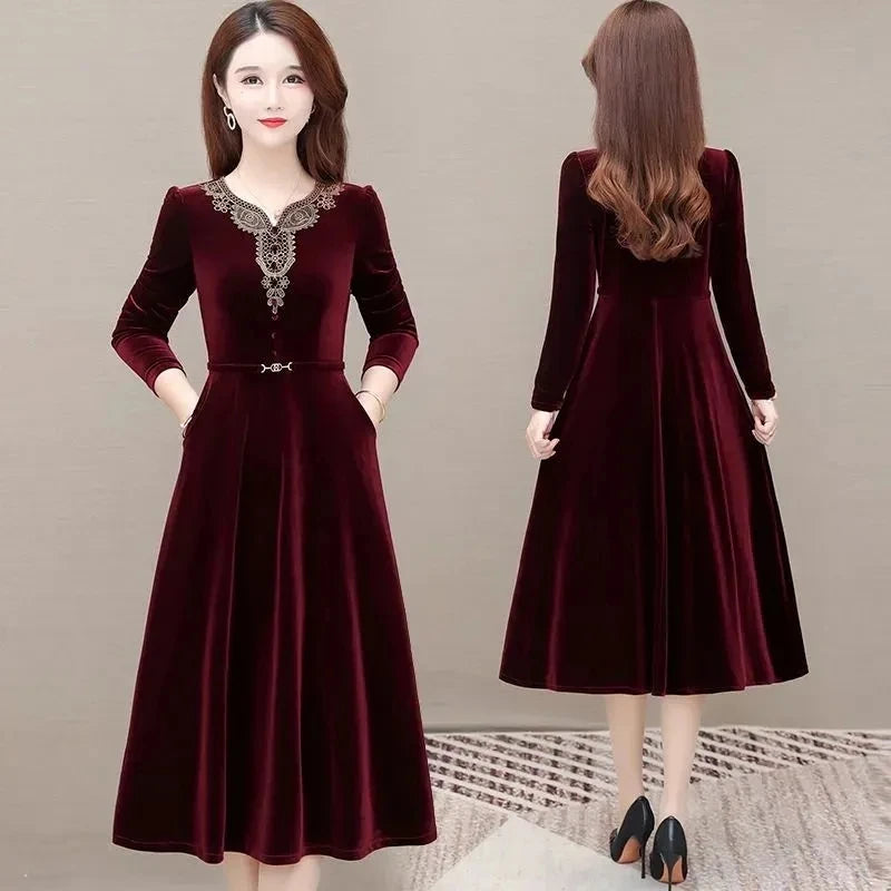 រ៉ូបពិធីជប់លៀងបែប Vintage Applique Velvet សម្រាប់នារី រ៉ូប A-Line ដៃវែង ស្ដើង ស្អាត ថ្មី រដូវផ្ការីក ឆ្នាំ២០២៤ រ៉ូបធម្មតា ប្រវែងជង្គង់