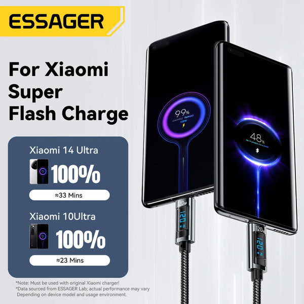 ខ្សែសាក Essager 120W USB Type C PD Super Flash Charging 6A សម្រាប់ Xiaomi 14Pro Redmi K70 POCO X6 Black Shark 3Pro អេក្រង់ LED ឌីជីថល