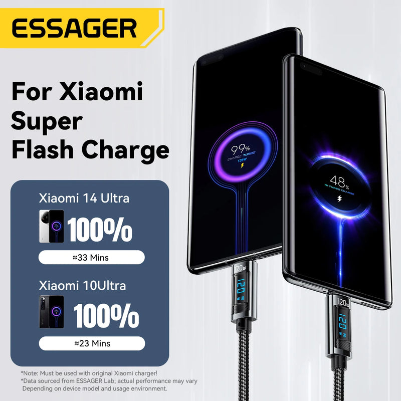 ខ្សែសាក Essager 120W USB Type C PD Super Flash Charging 6A សម្រាប់ Xiaomi 14Pro Redmi K70 POCO X6 Black Shark 3Pro អេក្រង់ LED ឌីជីថល