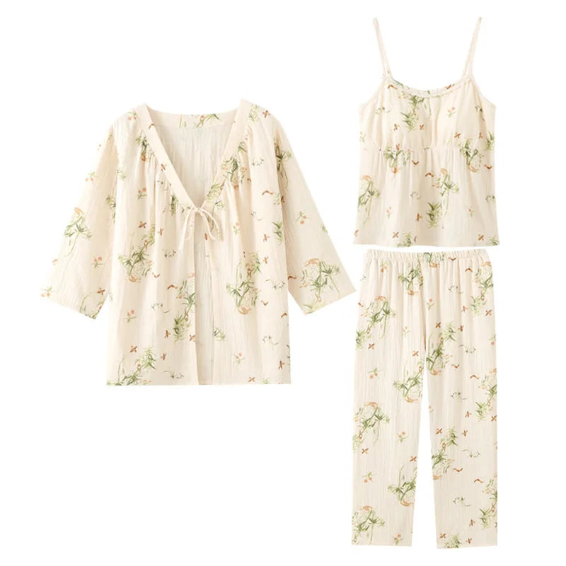ឈុតផ្កាបីដុំ Pijama Mujer ថ្មីកប្បាសនិទាឃរដូវរដូវស្លឹកឈើជ្រុះ Pajamas ឈុត 3/4 ដៃអាវគេងសម្រាប់ស្ត្រី ឈុតគេងនៅផ្ទះ Pajama Femme