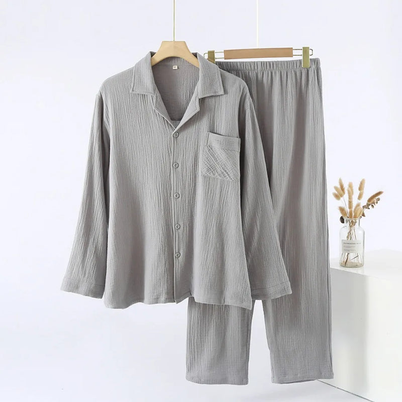 100% Cotton Pajamas for Men New Autumn Sleepwear 2PCS/Set Long-Sleeved Lapel Top Home Wear Suit Pyjamas Male for Loungewear