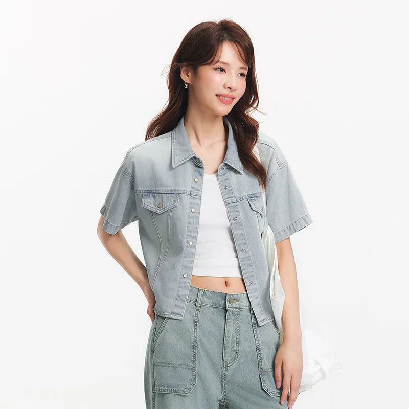 Semir Women Shirt Denim Short Length Loose Drop Shoulder Slit Slim Fit Cool Petite Street Style Top 2026 Summer Fashion Casual W