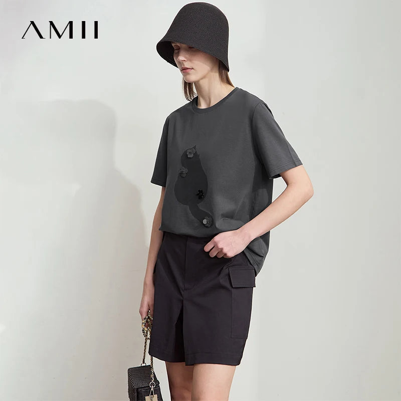 Amii Women's T-Shirt Minimalist 2026 Summer Casual Collegiate Style Slightly Elastic Short Sleeve Printed Lyocell Top 12512003