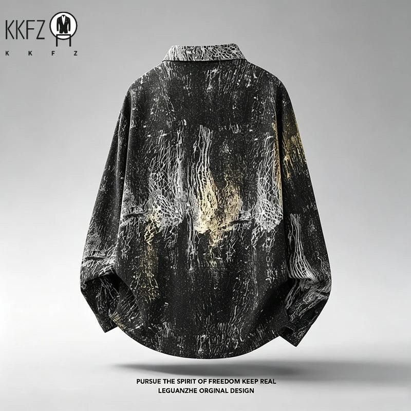 Mens Vintage Texture Graffiti Shirt Turn Down Collar Long Sleeve Button Front Relaxed Streetwear Casual Outerwear