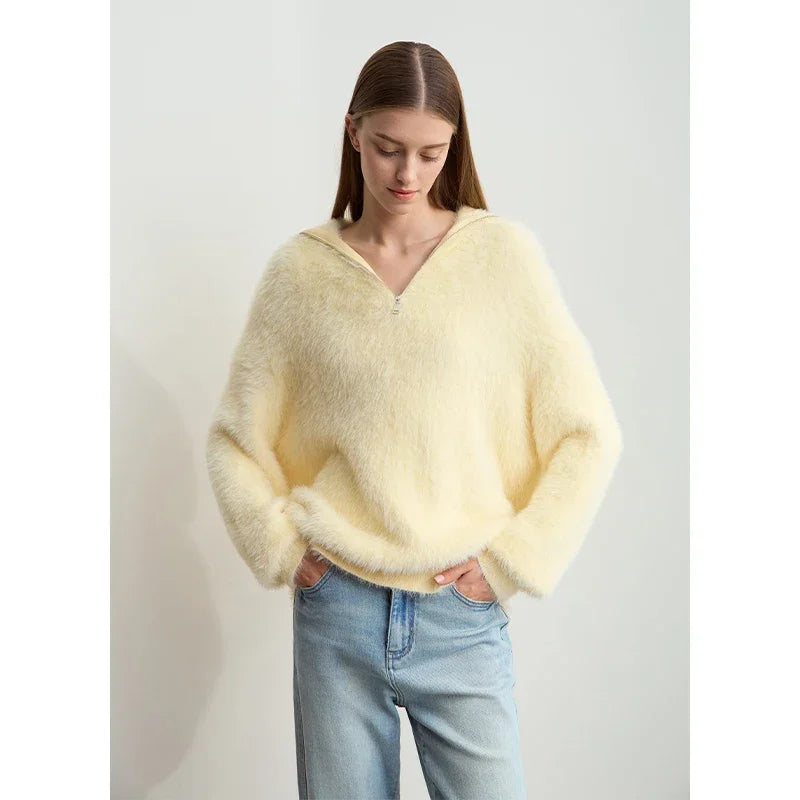 Amii 2026 Winter Women's Clothing Turtleneck Zipper Mink Sweater Winter Loose Shoulder Sleeve Pullovers Knitted Tops 12444250