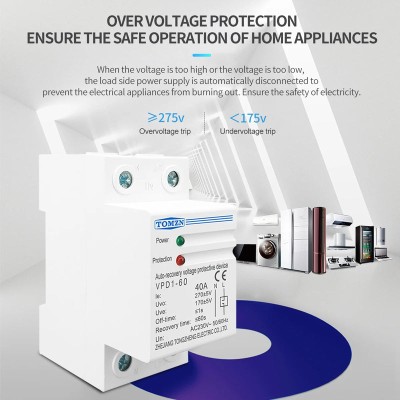 TOMZN 230V Household Din Rail Automatic Recovery Reconnect Over Voltage and Under Voltage Protective Device Protector