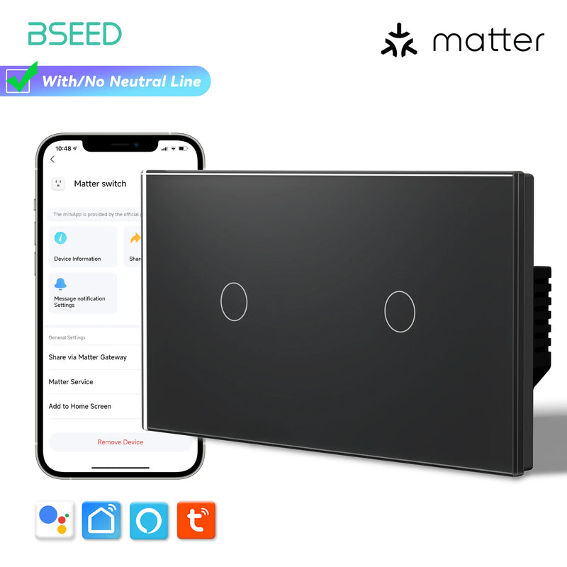 BSEED Matter Smart Touch Light Switch 1/2/3Gang Support Apple Home Tuya APP Google Assistant Voice Control Neutral Wire Optional