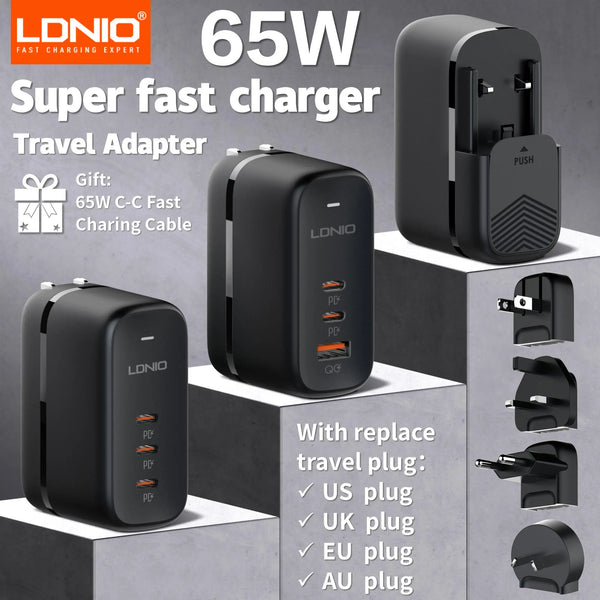 ឆ្នាំងសាក LDNIO GaN 65W USB C ឆ្នាំងសាកសម្រាប់ធ្វើដំណើរ PD QC ឆ្នាំងសាកជញ្ជាំង 3 រន្ធ អាដាប់ទ័រដោតអន្តរជាតិ EU UK US AU អាដាប់ទ័រដោតសម្រាប់ធ្វើដំណើរ