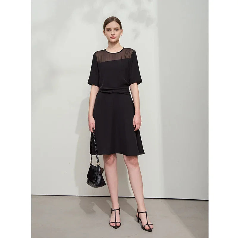 AMII Minimalist Dress Women 2026 Autumn New Basics Office Lady O-Neck Lace Splicing Short Sleeve Knee-length Dresses 12521028