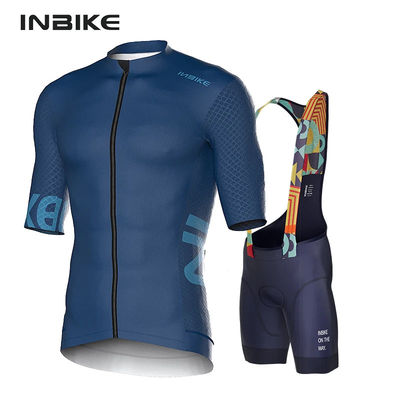 INBIKE Summer Cycling Riding Sets Short-Sleeved Jersey Bicycle Shorts Quick-Drying Road Biking Shirts Bibs Clothing with Pockets