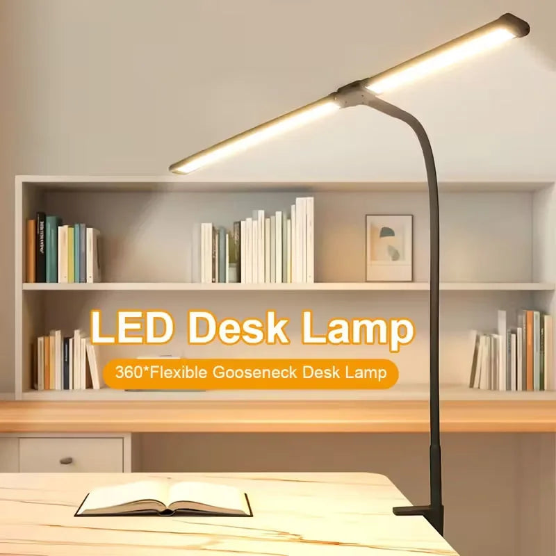 2-Head LED Desk Lamp Clip 5 Modes 10 Brightness Levels Adjustable Angle USB Suitable for Reading Learning Piano Monitor Office