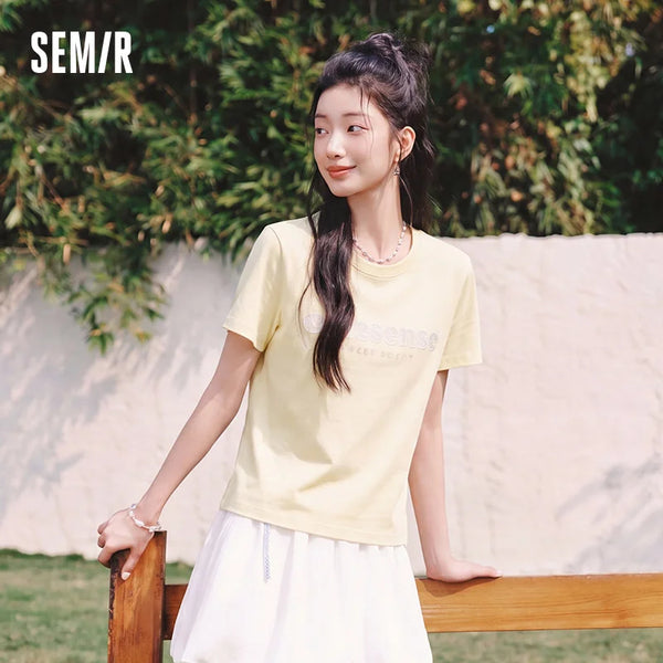 Cotton Lace Letter Embroidery Short Sleeve Summer 2026 Loose Fit Trendy Everyday Style Casual Top