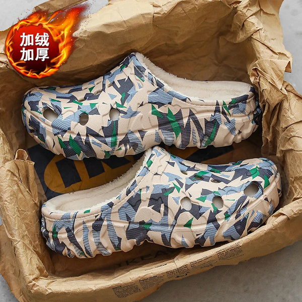 Men's Winter Indoor Clogs Fur Slippers Plush Half Shoes Slip-On Warm Garden Sandals Backless Home Cotton Shoes Keep Warm