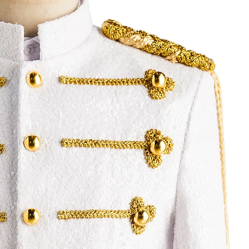 Men's Black Stand-up Collar Jacket in A Court-style Design with Gold Buttons; Ideal for Nightclubs, DJs, Stage Performances.