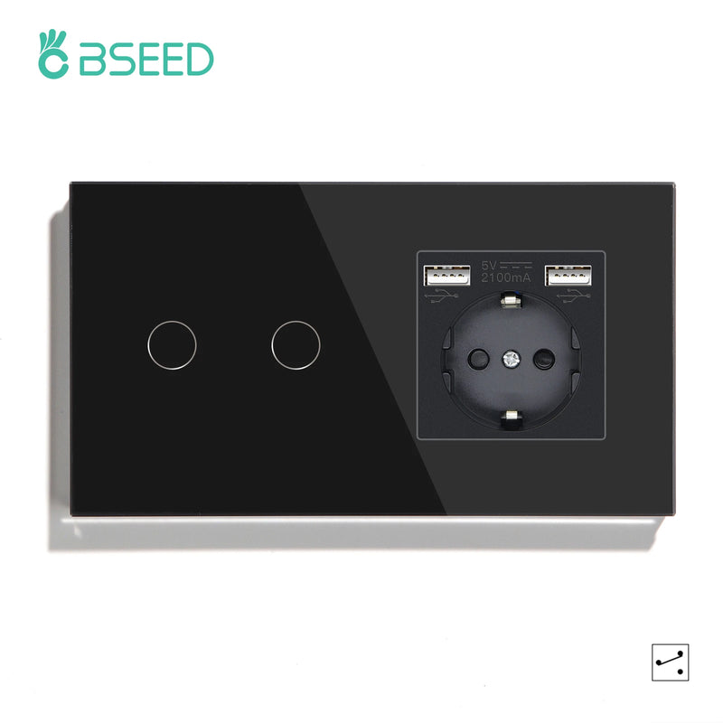 BSEED EU Standard 1/2/3Gang 2Way Wall Touch Switch Light Sensor Switches Wall Socket USB Type-C Crystal Glass Panel 240V Black