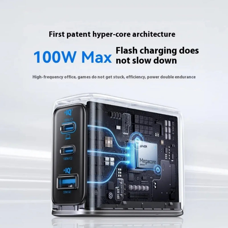 ឆ្នាំងសាក Anker 100W GaN 3-Port PD Fast Charger Smart Digital Display USB-C សម្រាប់ MacBook Pro iPad IPhone Xiaomi Galaxy S24