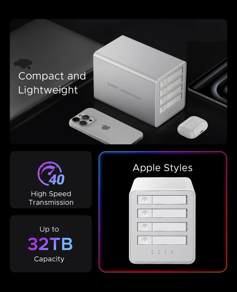 ORICO M.2 NVME SSD 40Gbps All-flash Disk Enclosure With Cooling Fan Multi-raid DAS Solution for Photographer Video Editor